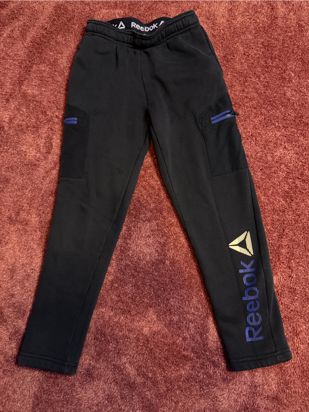 Reebok Black Leggings with Purple Reebok Text and Gold Delta